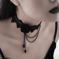 Thumbnail for Gothic Layered Black Rose Floral Lace Choker Necklace