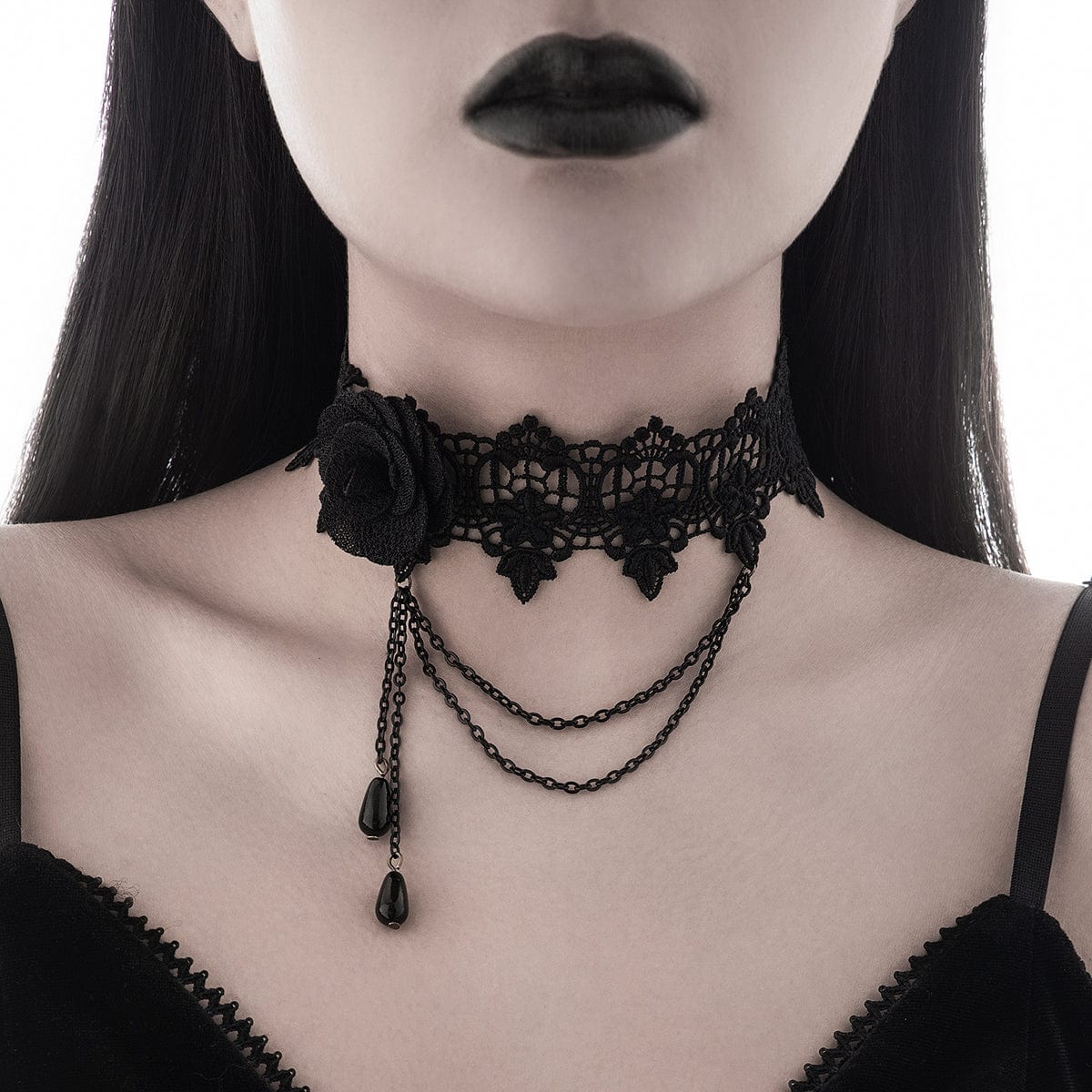 Gothic Layered Black Rose Floral Lace Choker Necklace