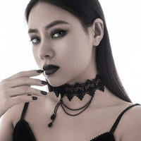 Thumbnail for Gothic Layered Black Rose Floral Lace Choker Necklace