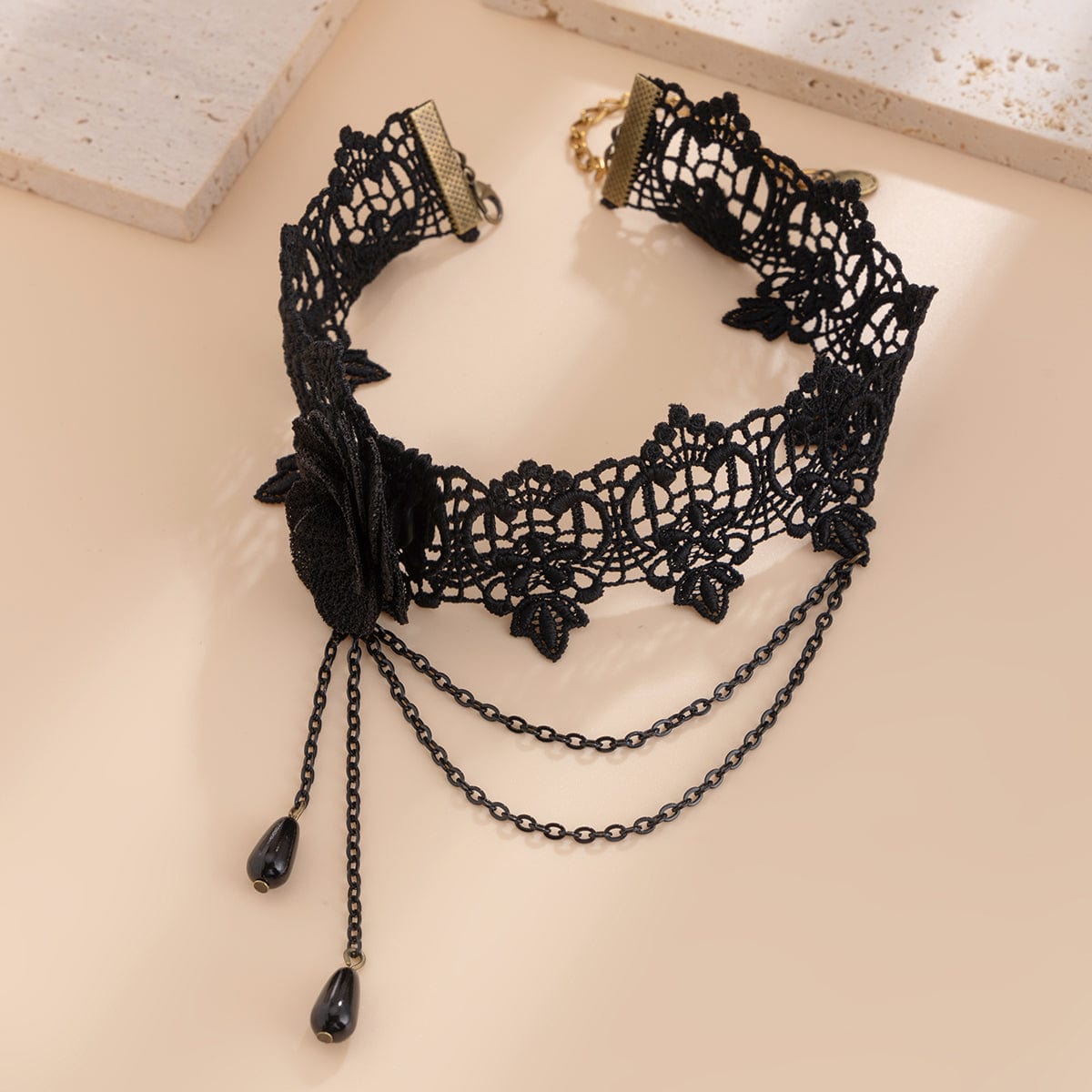 Gothic Layered Black Rose Floral Lace Choker Necklace