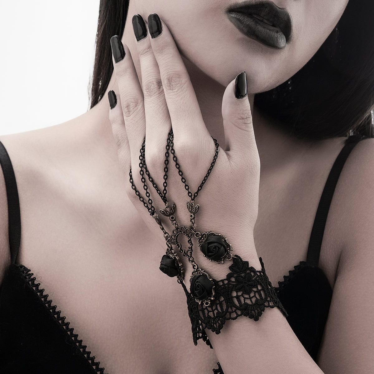 Gothic Layered  Black Rose Lace Finger Ring Bracelet