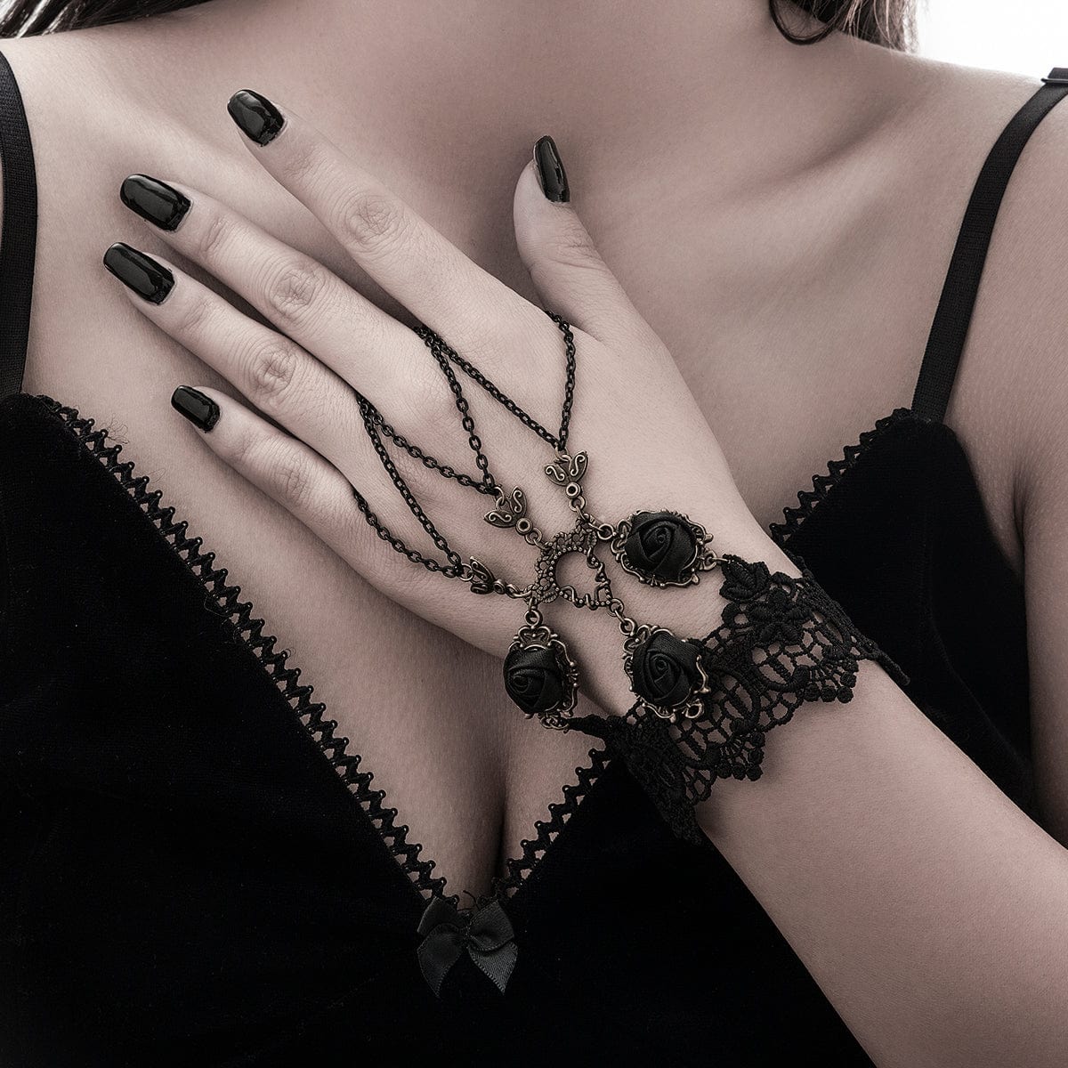 Gothic Layered  Black Rose Lace Finger Ring Bracelet