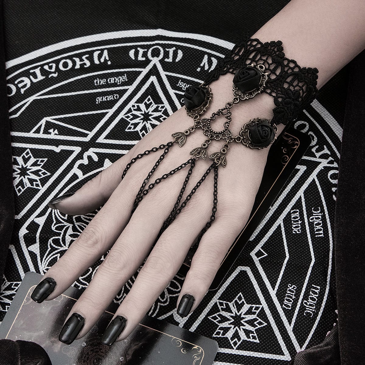 Gothic Layered  Black Rose Lace Finger Ring Bracelet