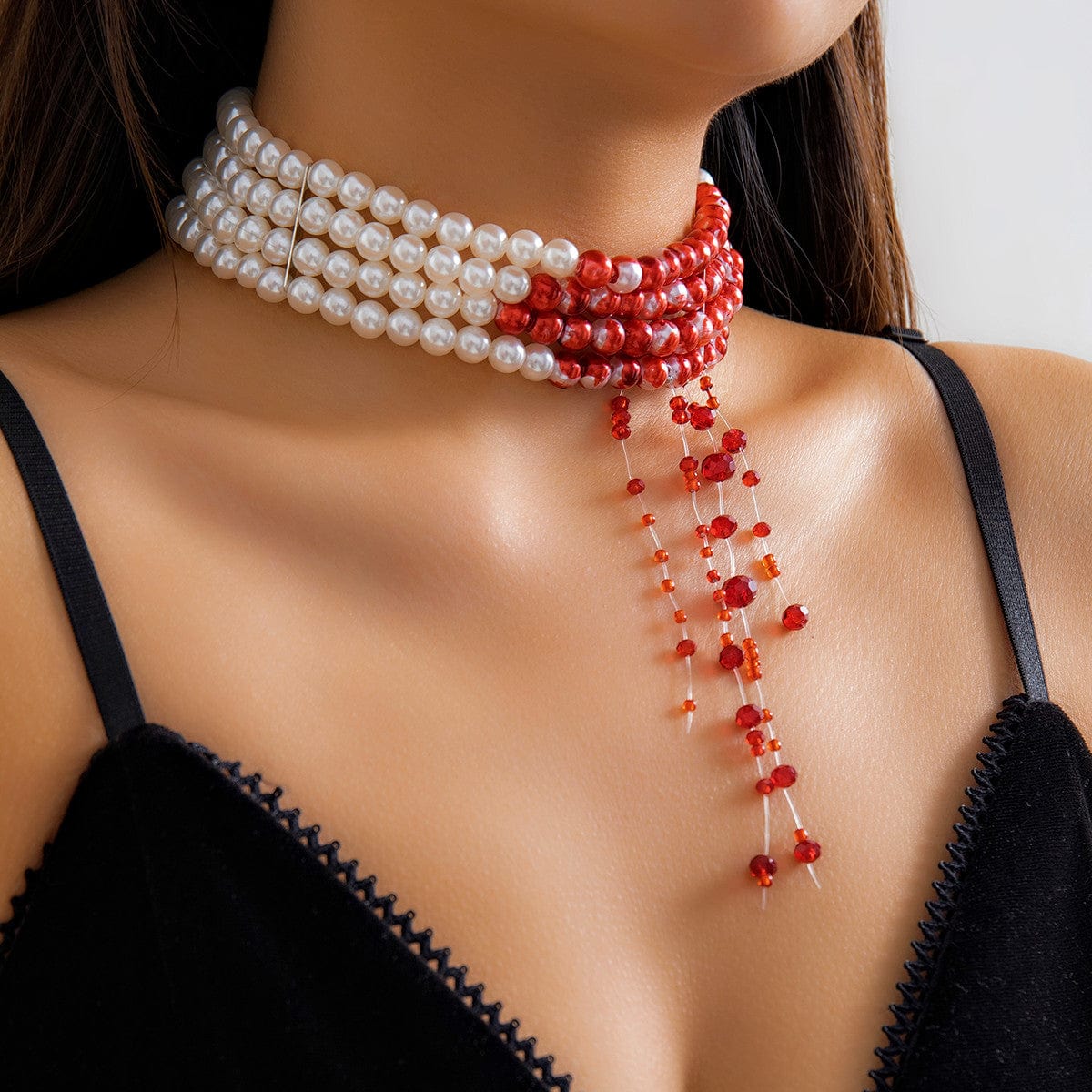 Gothic Layered Blood Rhinestone Tassel Pearl Chain Choker Necklace - ArtGalleryZen