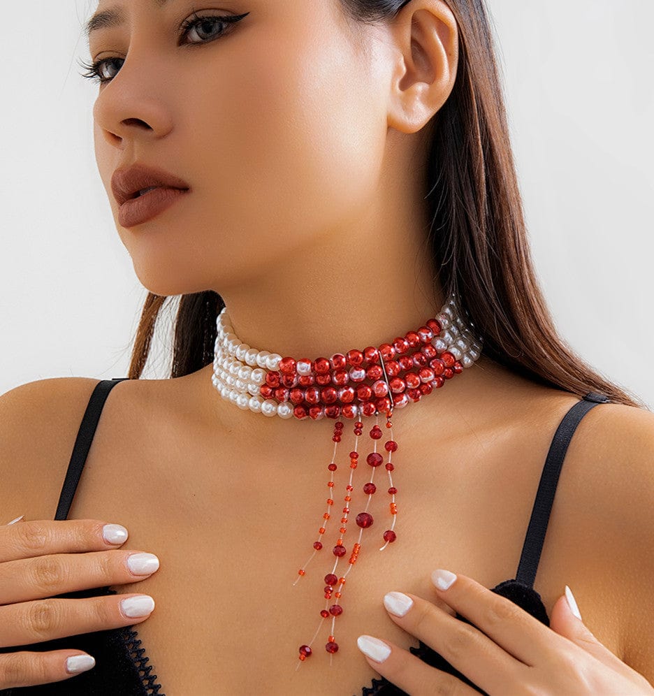 Gothic Layered Blood Rhinestone Tassel Pearl Chain Choker Necklace - ArtGalleryZen