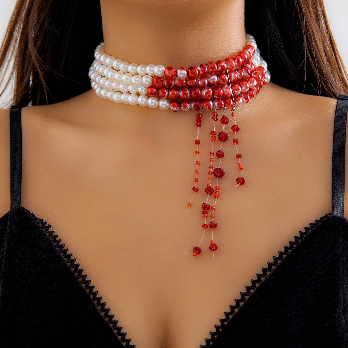 Gothic Layered Blood Rhinestone Tassel Pearl Chain Choker Necklace - ArtGalleryZen