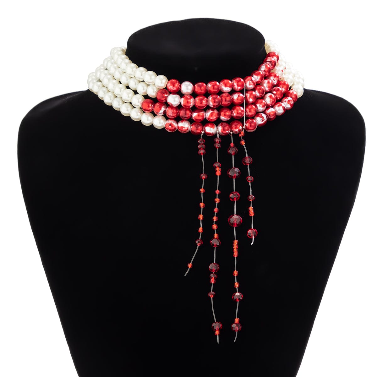 Gothic Layered Blood Rhinestone Tassel Pearl Chain Choker Necklace - ArtGalleryZen