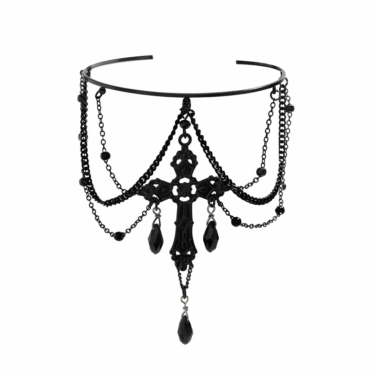 Gothic Layered Crystal Tassel Cross Arm Cuff - ArtGalleryZen