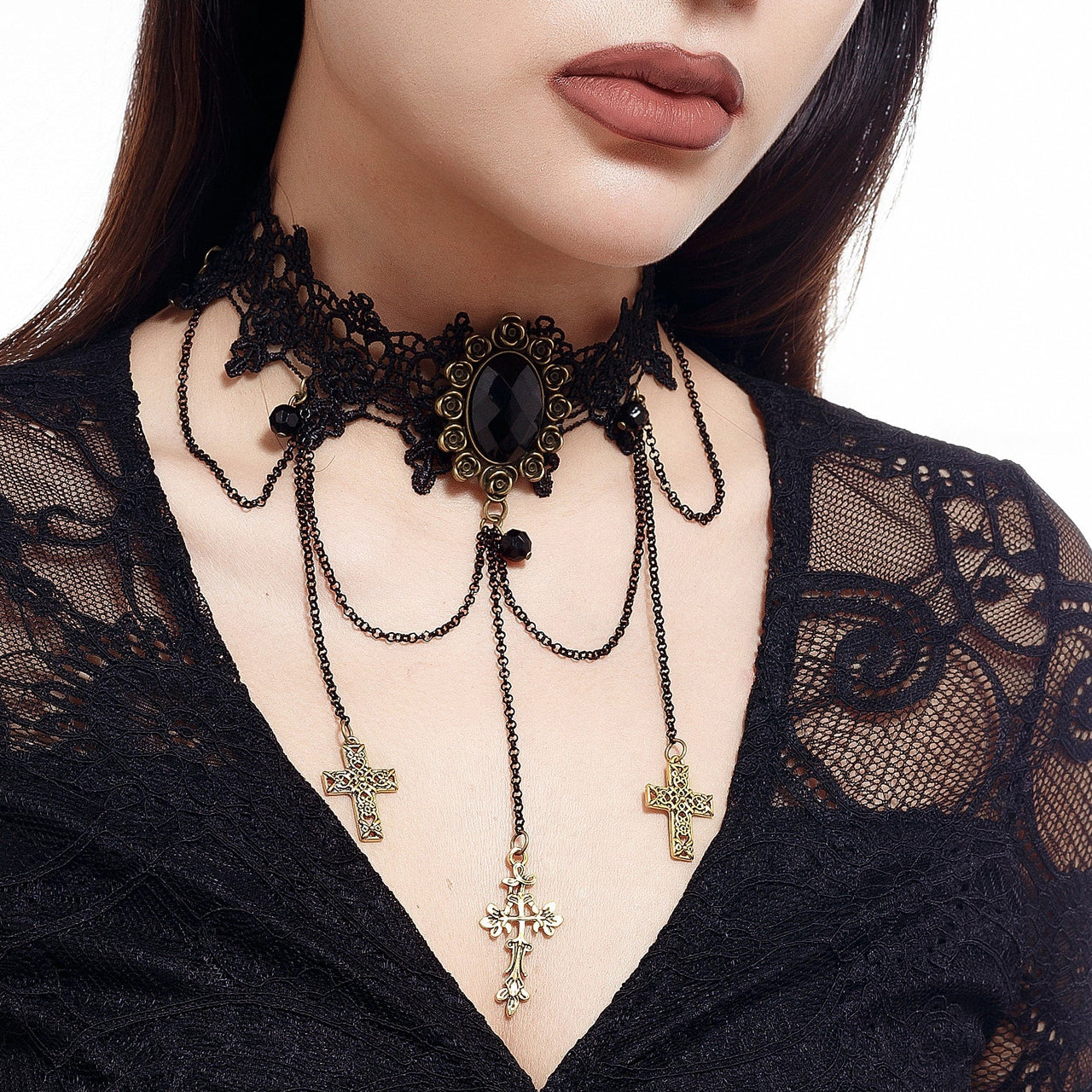 Gothic Layered Cross Dangle Crystal Inlaid Lace Choker Necklace