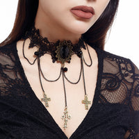 Thumbnail for Gothic Layered Cross Dangle Crystal Inlaid Lace Choker Necklace