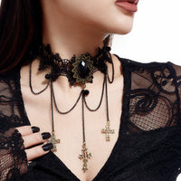 Thumbnail for Gothic Layered Cross Dangle Crystal Inlaid Lace Choker Necklace