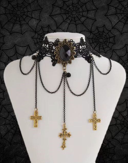 Gothic Layered Cross Dangle Crystal Inlaid Lace Choker Necklace