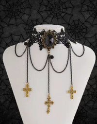 Thumbnail for Gothic Layered Cross Dangle Crystal Inlaid Lace Choker Necklace