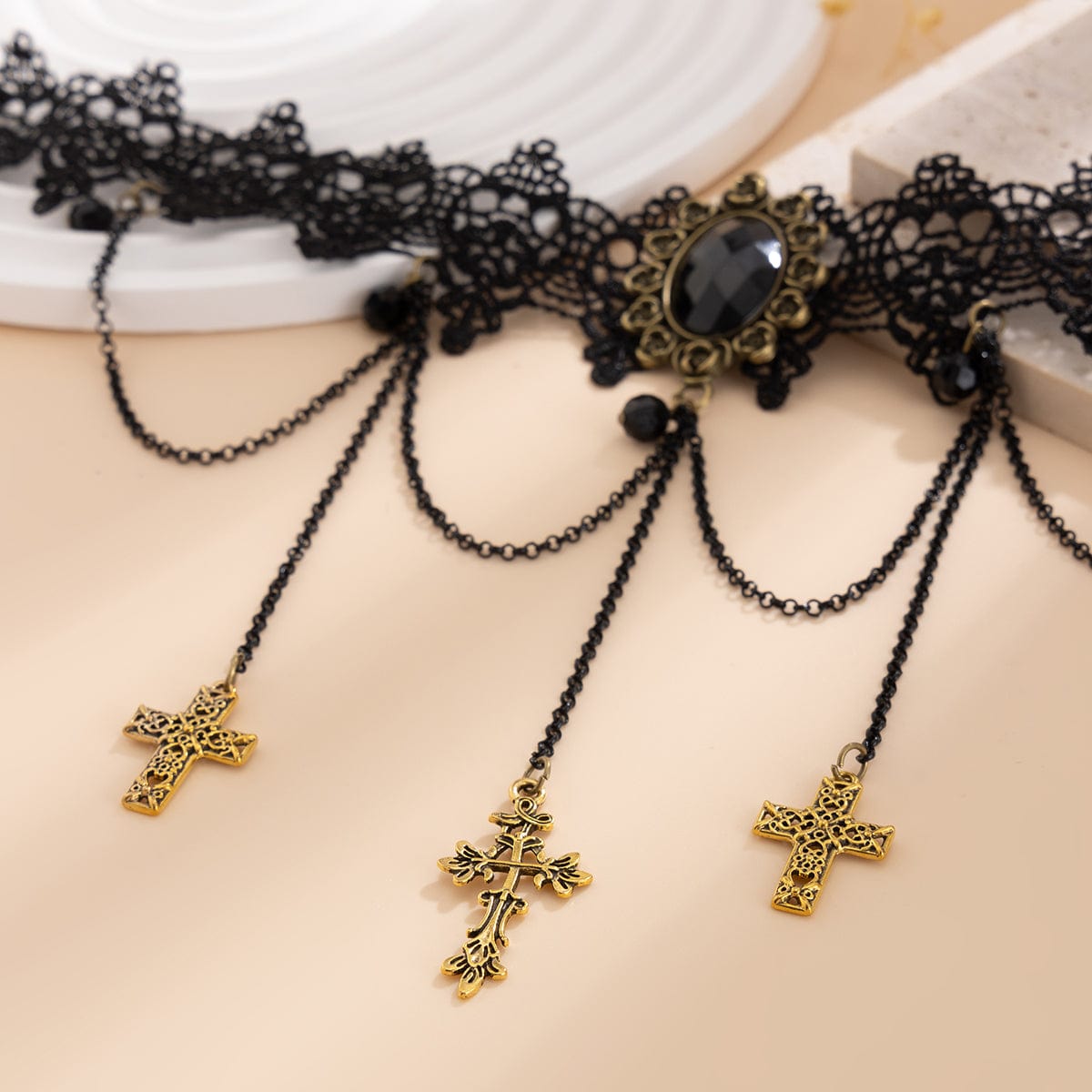 Gothic Layered Cross Dangle Crystal Inlaid Lace Choker Necklace