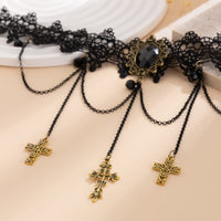 Thumbnail for Gothic Layered Cross Dangle Crystal Inlaid Lace Choker Necklace