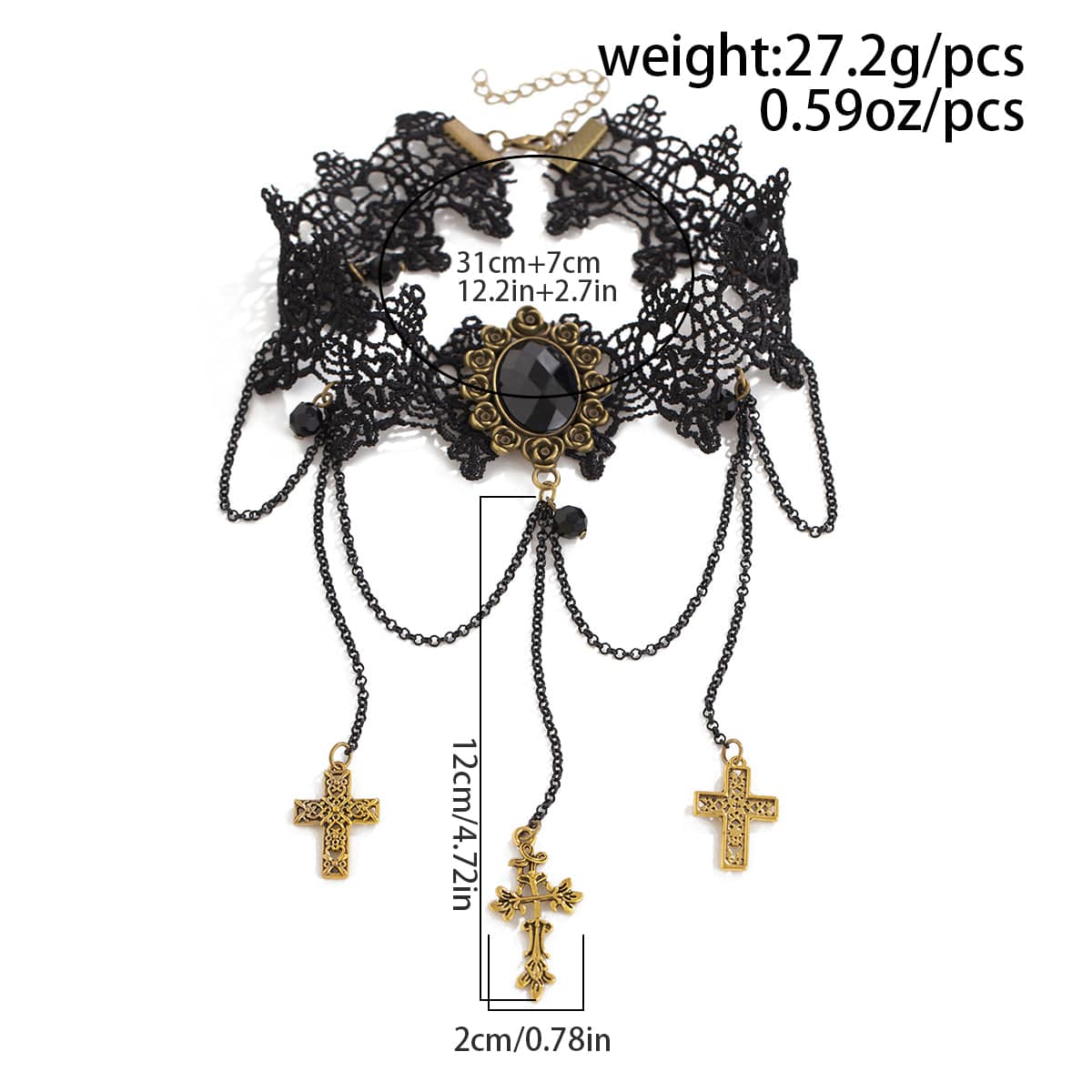 Gothic Layered Cross Dangle Crystal Inlaid Lace Choker Necklace