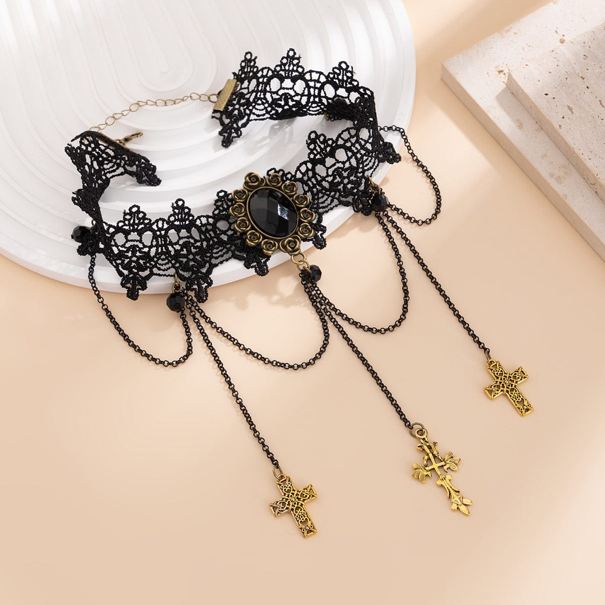 Gothic Layered Cross Dangle Crystal Inlaid Lace Choker Necklace