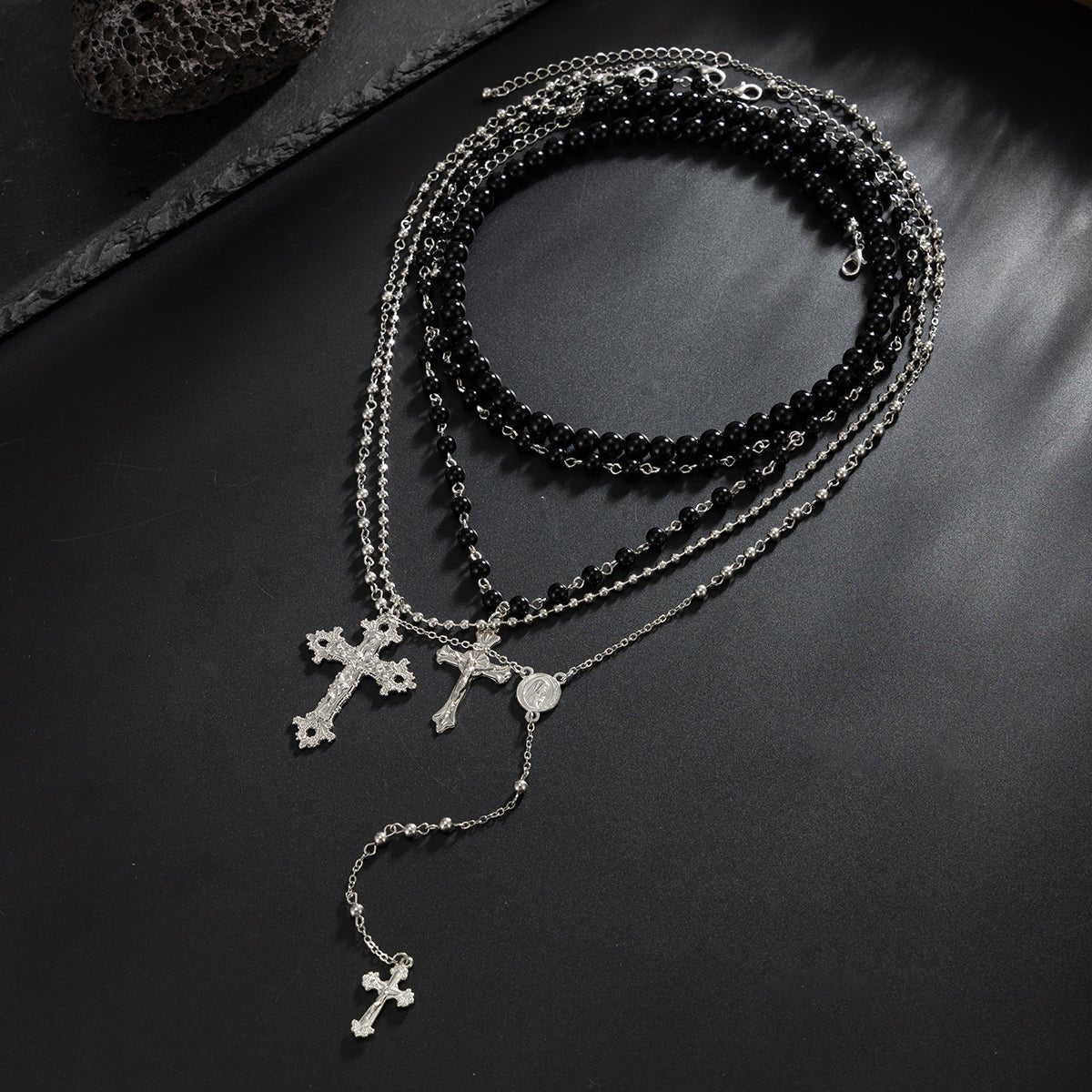 Gothic Layered Cross Long Ball Chain Y Necklace Set - ArtGalleryZen