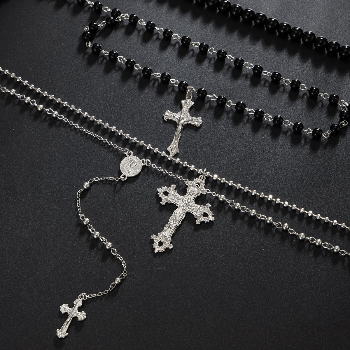 Gothic Layered Cross Long Ball Chain Y Necklace Set - ArtGalleryZen