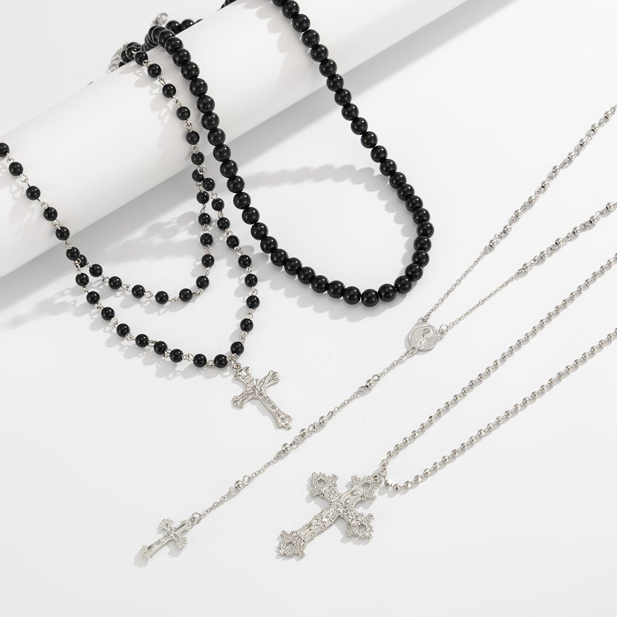 Gothic Layered Cross Long Ball Chain Y Necklace Set - ArtGalleryZen