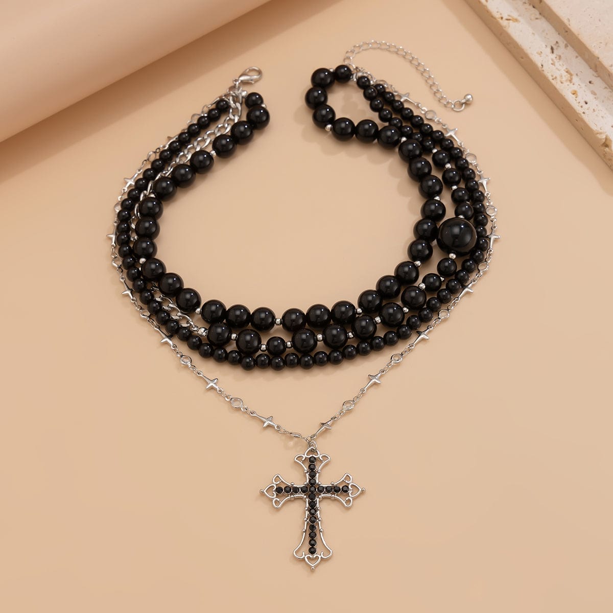 Gothic Layered Cross Pendant Acrylic Beaded Necklace - ArtGalleryZen
