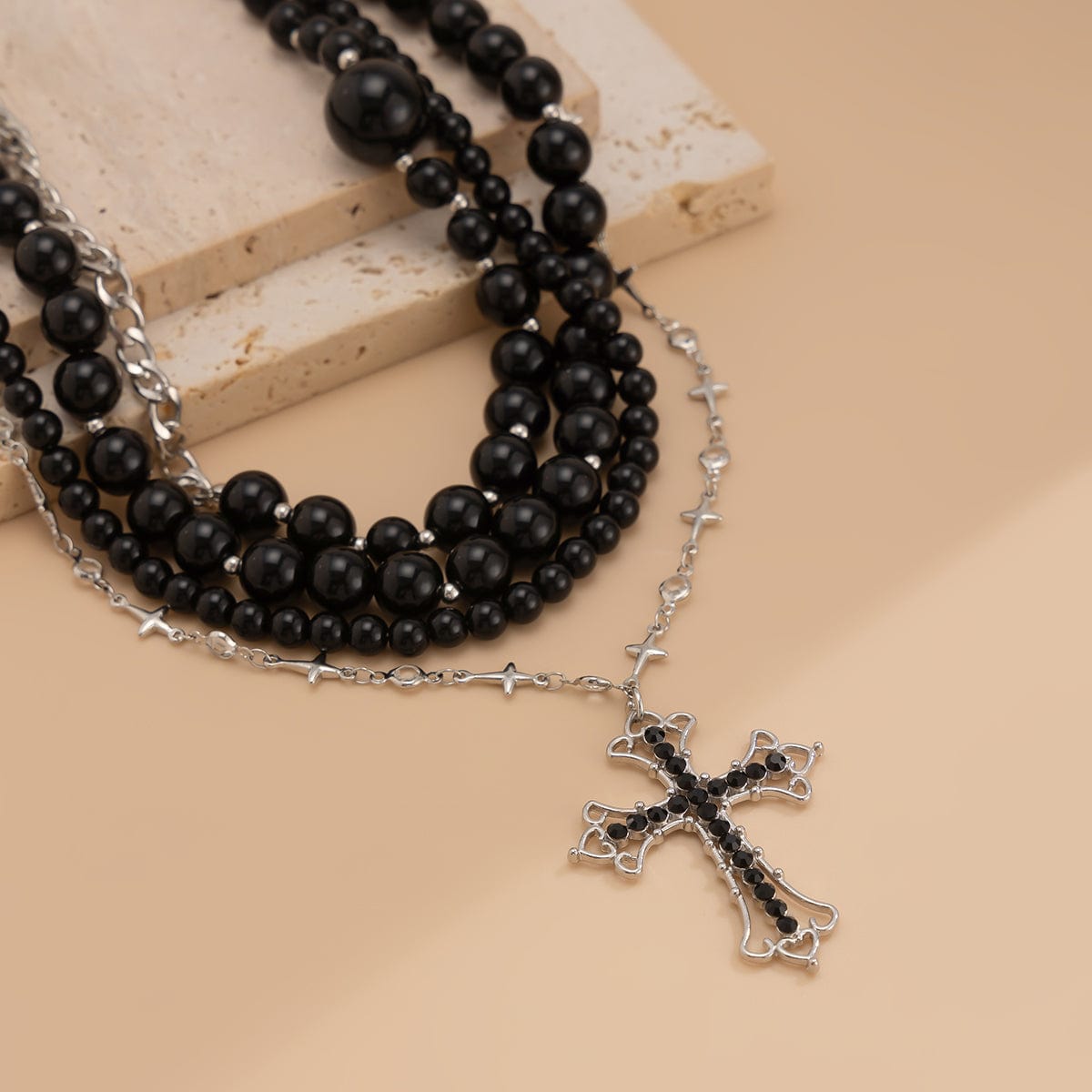 Gothic Layered Cross Pendant Acrylic Beaded Necklace - ArtGalleryZen