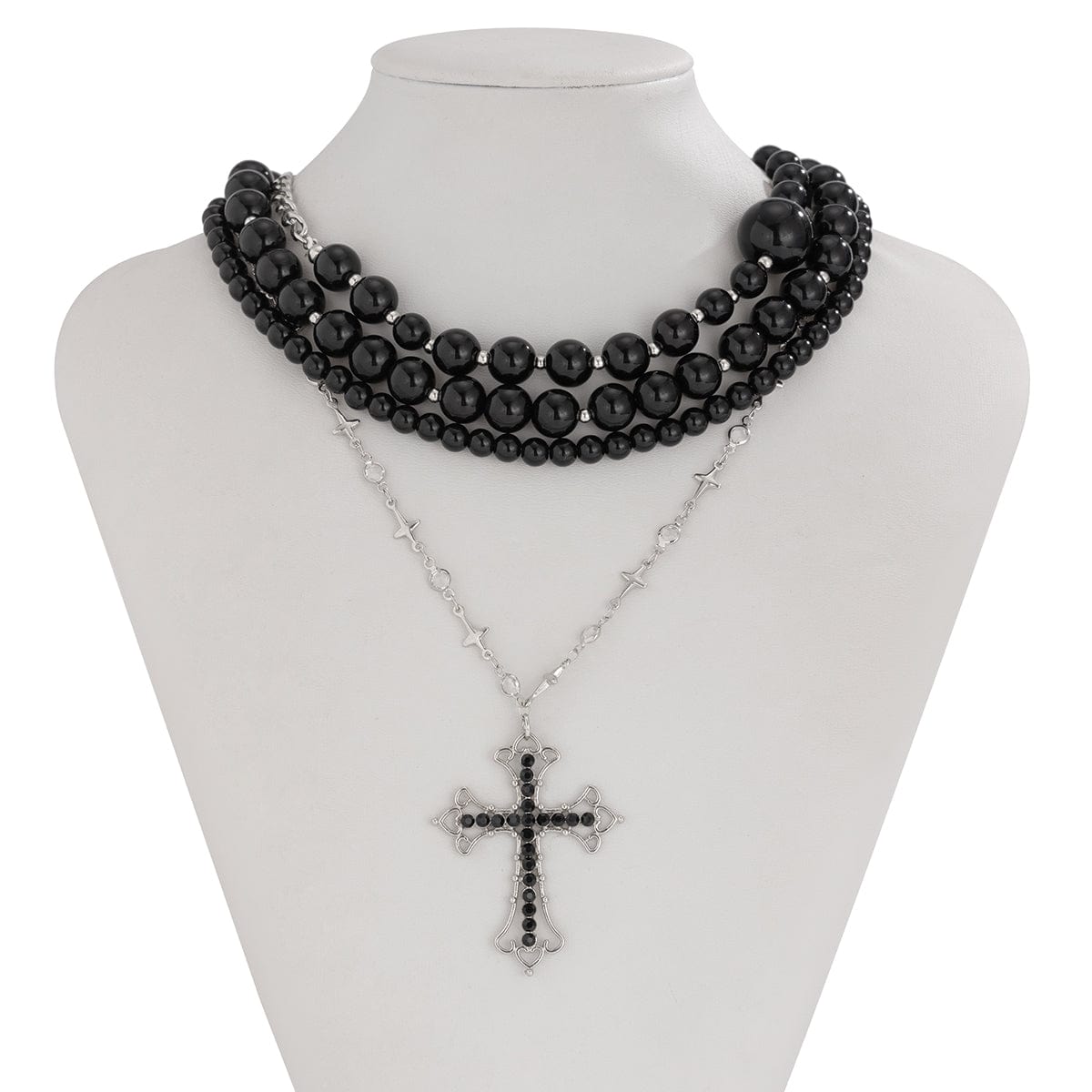 Gothic Layered Cross Pendant Acrylic Beaded Necklace - ArtGalleryZen