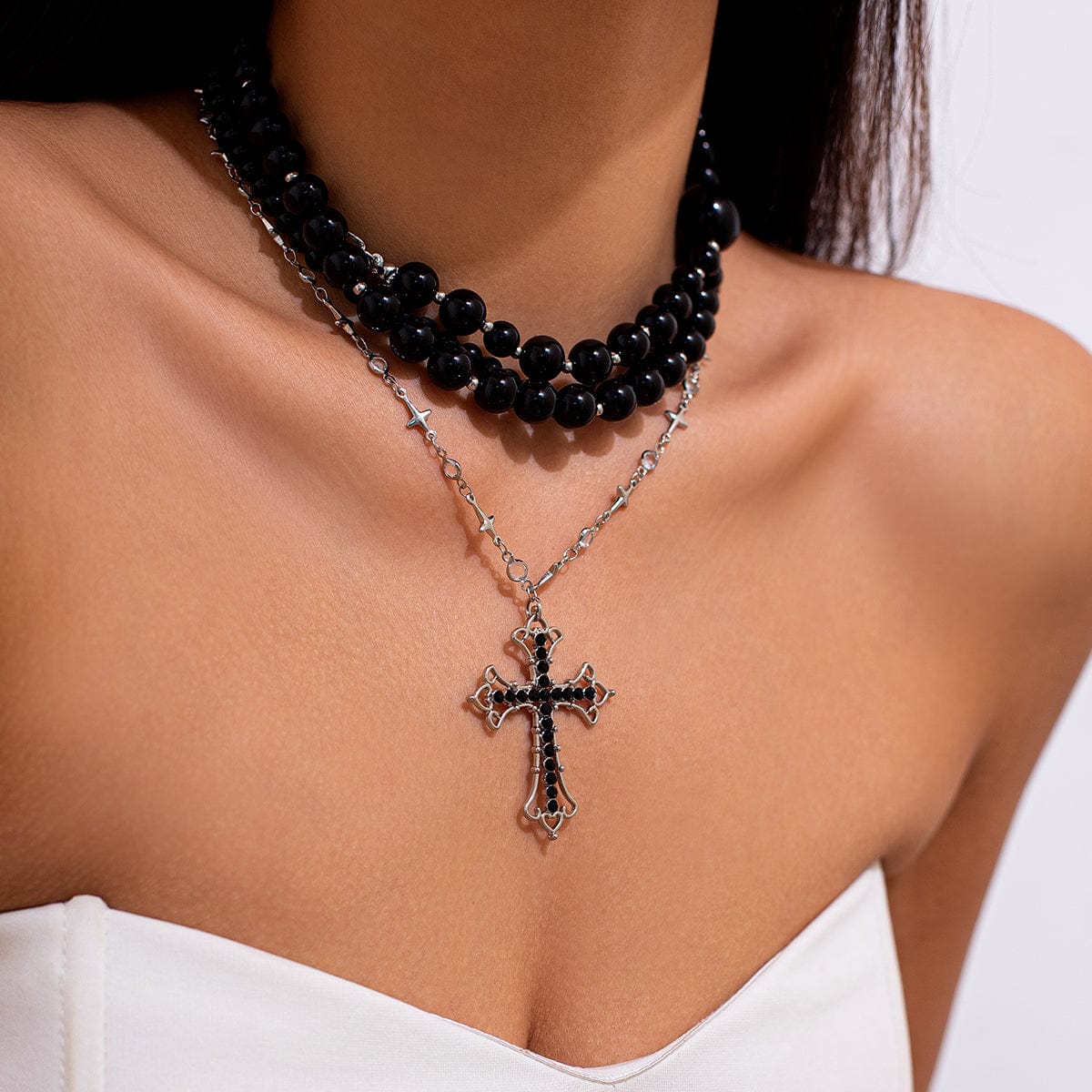 Gothic Layered Cross Pendant Acrylic Beaded Necklace