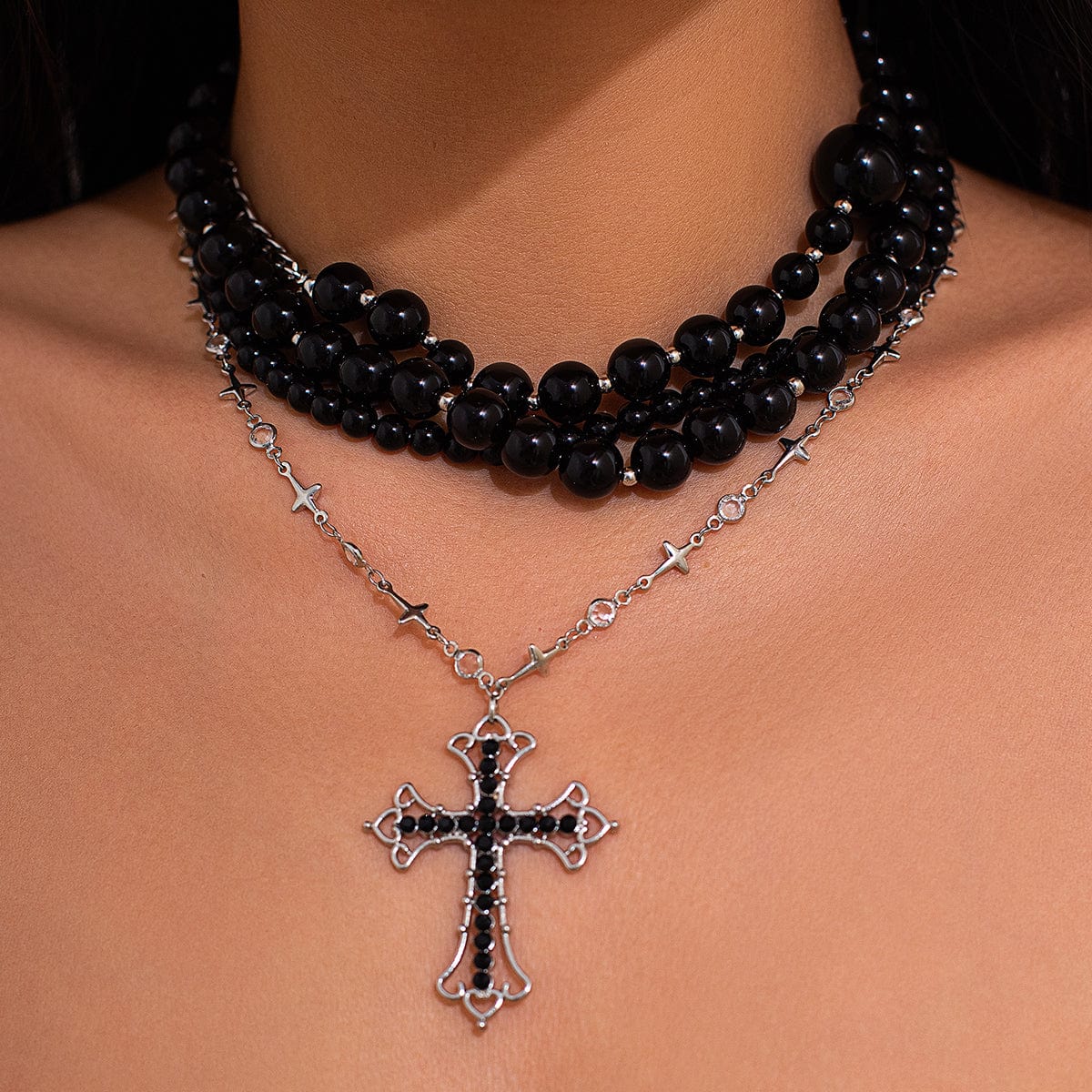 Gothic Layered Cross Pendant Acrylic Beaded Necklace