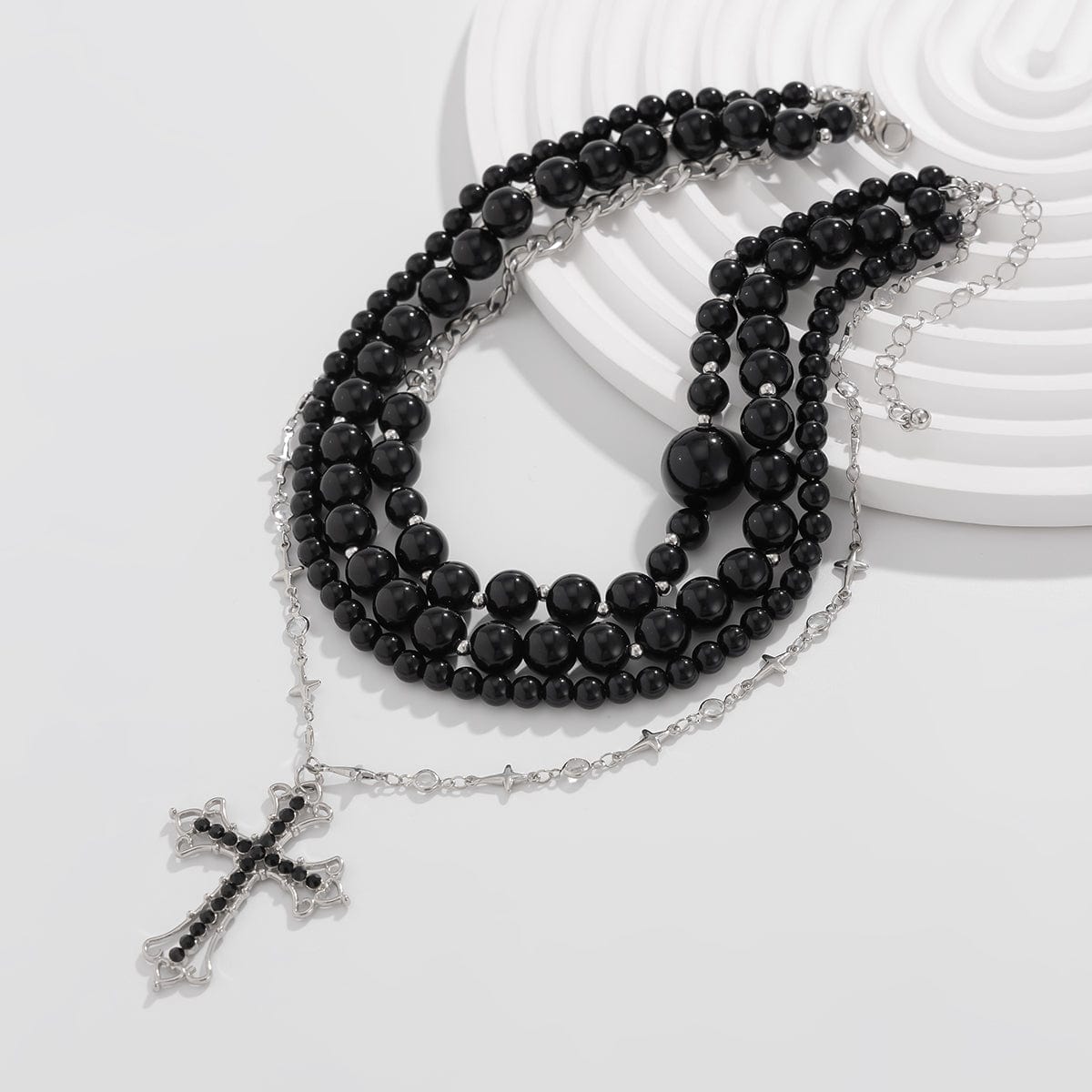 Gothic Layered Cross Pendant Acrylic Beaded Necklace