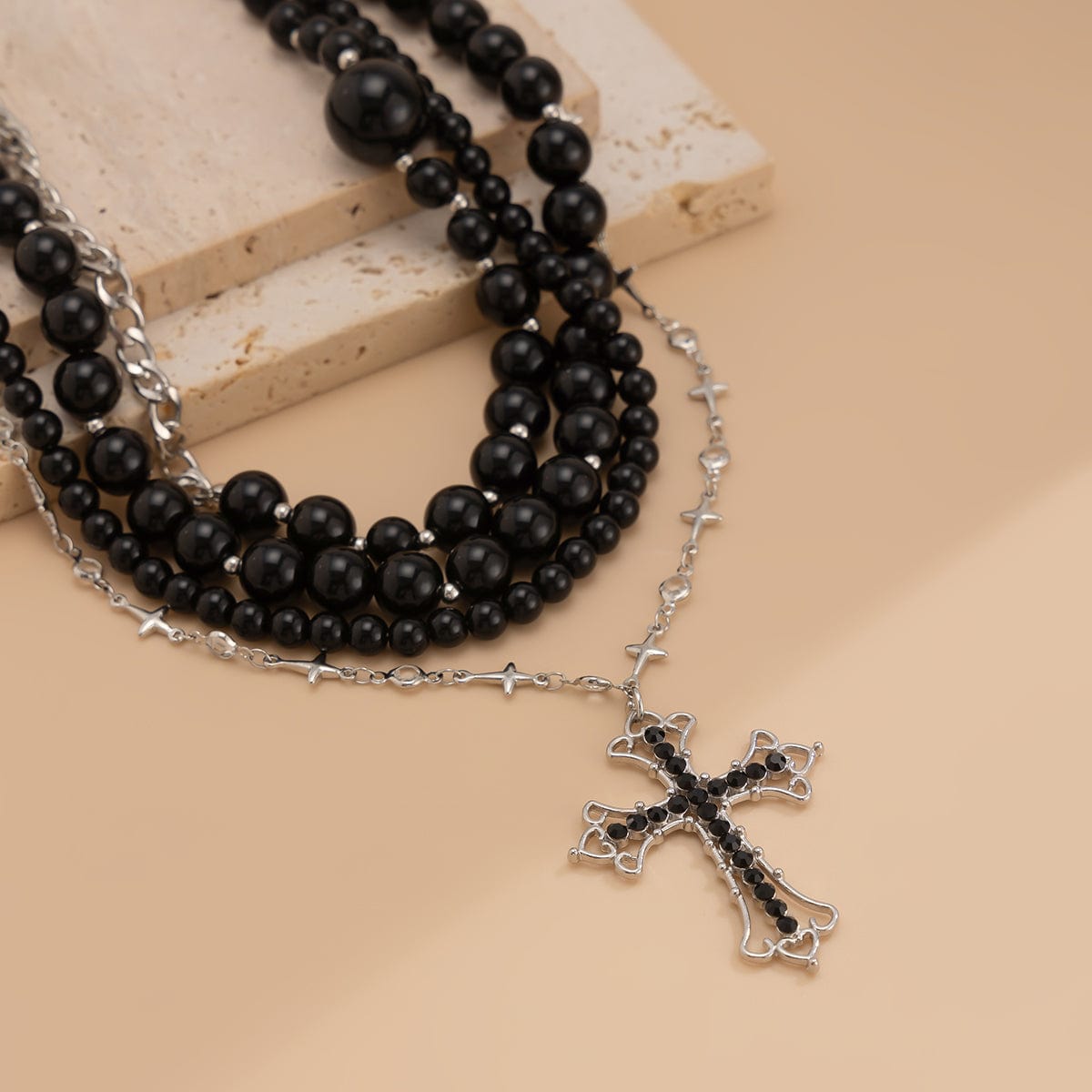 Gothic Layered Cross Pendant Acrylic Beaded Necklace