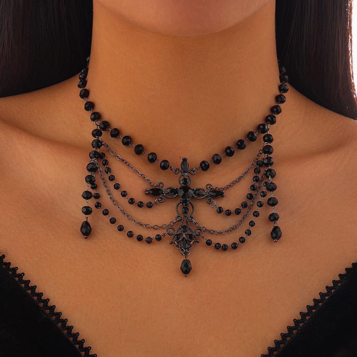 Gothic Layered Cross Pendant Crystal Chain Choker Necklace