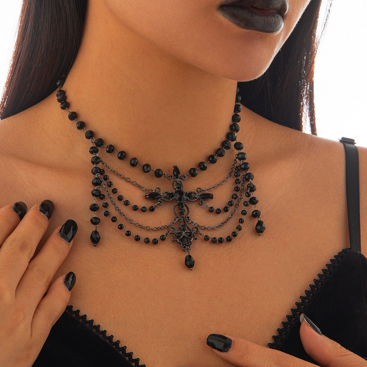 Gothic Layered Cross Pendant Crystal Chain Choker Necklace