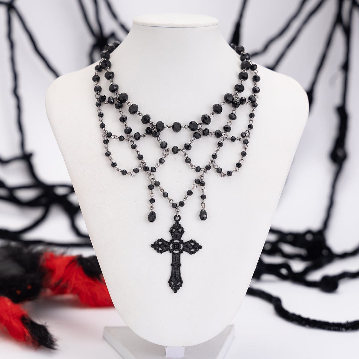 Gothic Layered Cross Pendant Crystal Chain Choker Necklace