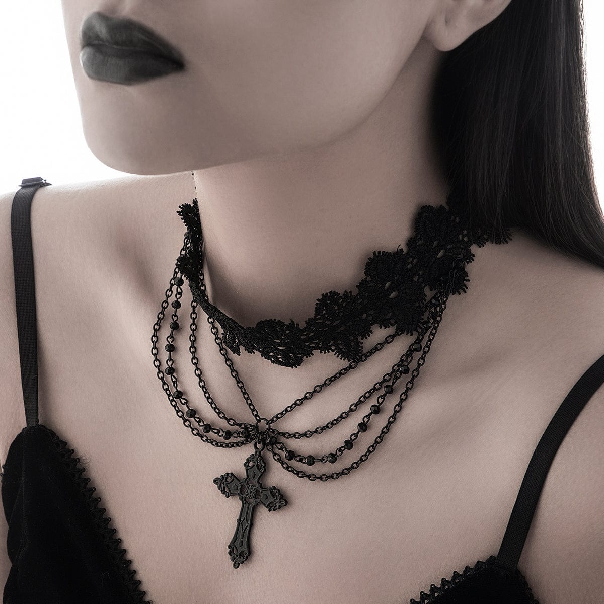 Gothic Layered Cross Pendant Floral Lace Choker Necklace