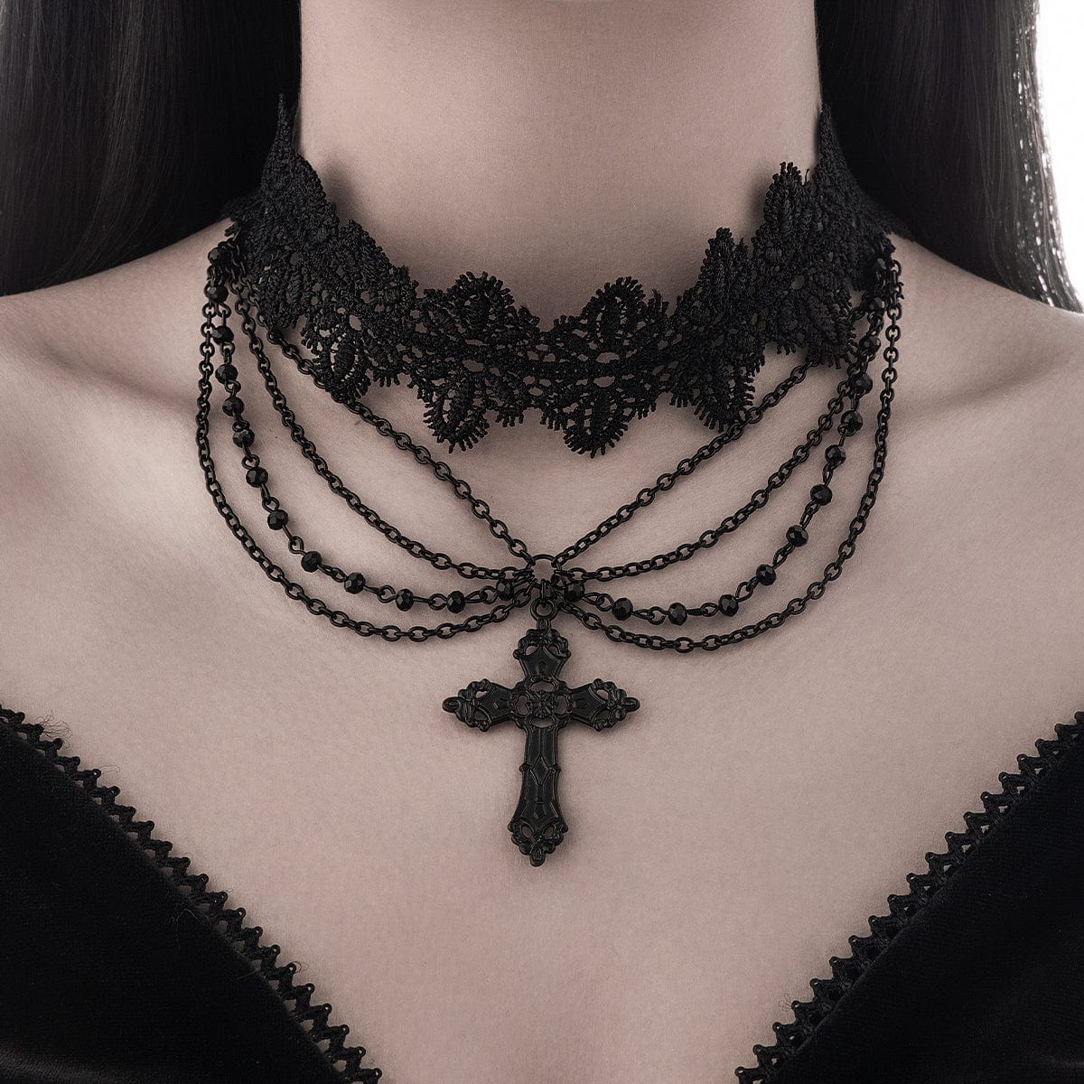 Gothic Layered Cross Pendant Floral Lace Choker Necklace