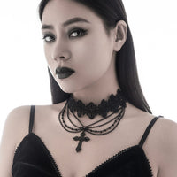 Thumbnail for Gothic Layered Cross Pendant Floral Lace Choker Necklace