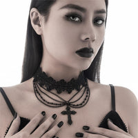 Thumbnail for Gothic Layered Cross Pendant Floral Lace Choker Necklace