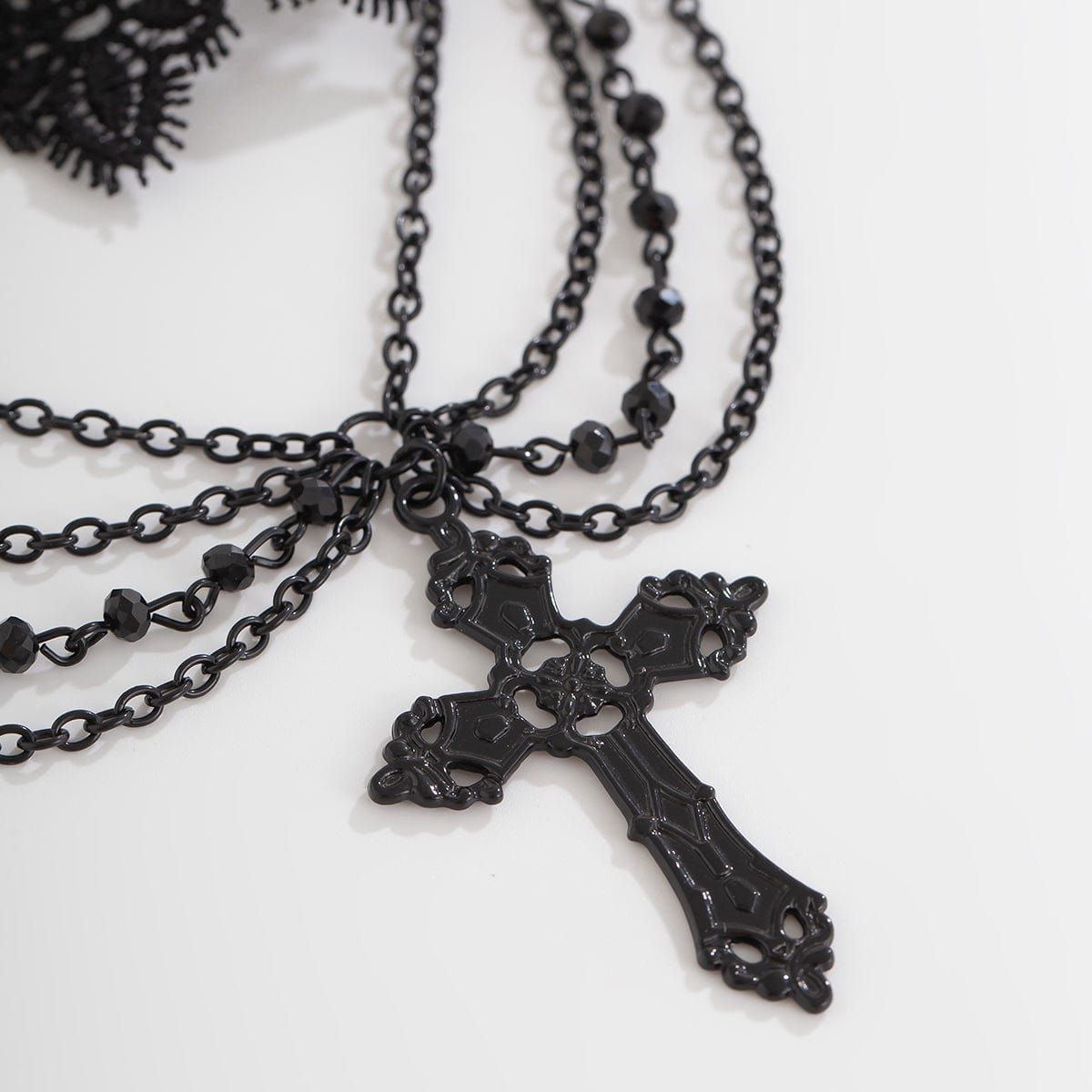 Gothic Layered Cross Pendant Floral Lace Choker Necklace