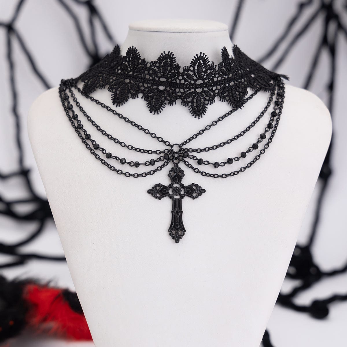 Gothic Layered Cross Pendant Floral Lace Choker Necklace