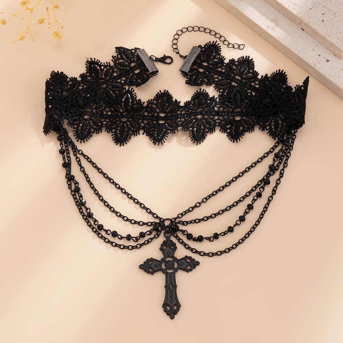 Gothic Layered Cross Pendant Floral Lace Choker Necklace