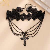 Thumbnail for Gothic Layered Cross Pendant Floral Lace Choker Necklace