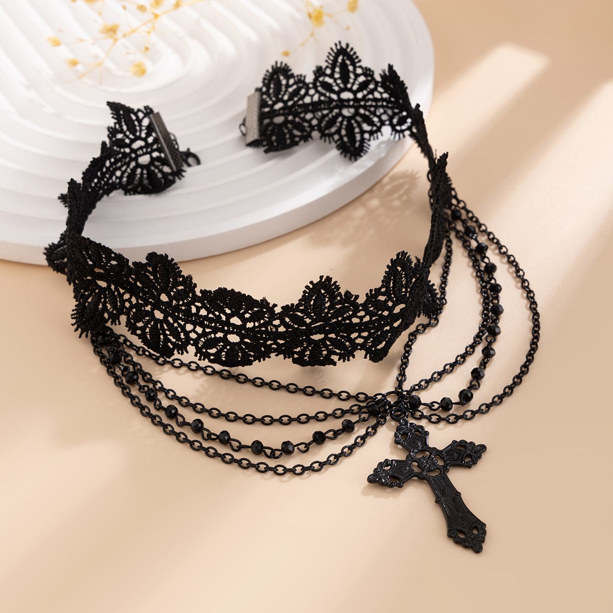 Gothic Layered Cross Pendant Floral Lace Choker Necklace