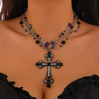 Thumbnail for Gothic Layered Cross Pendant Star Crystal Chain Necklace - ArtGalleryZen