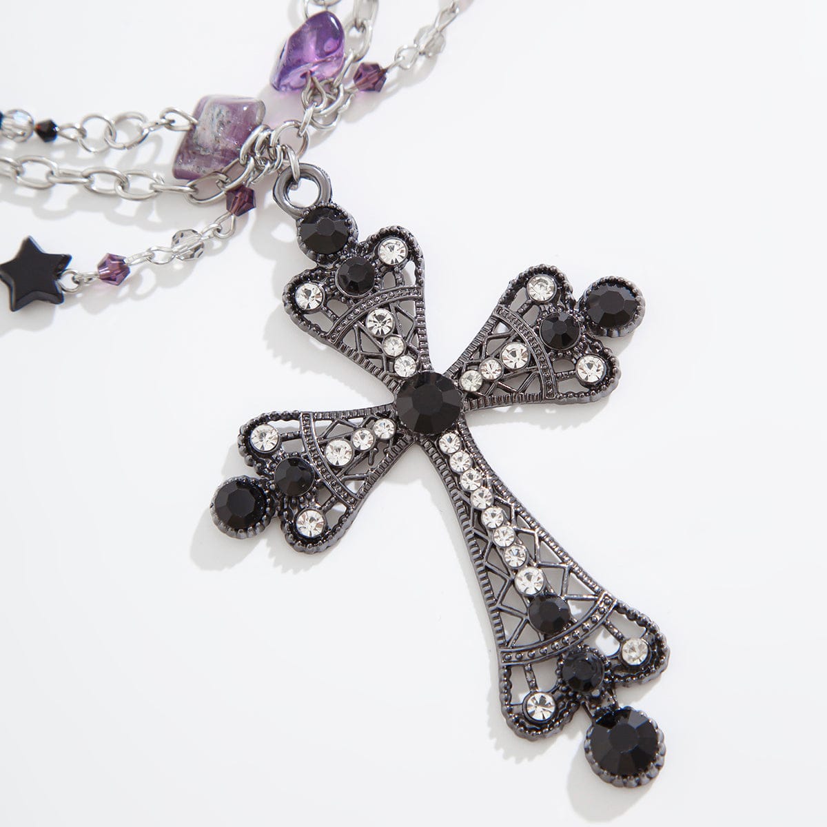 Gothic Layered Cross Pendant Star Crystal Chain Necklace