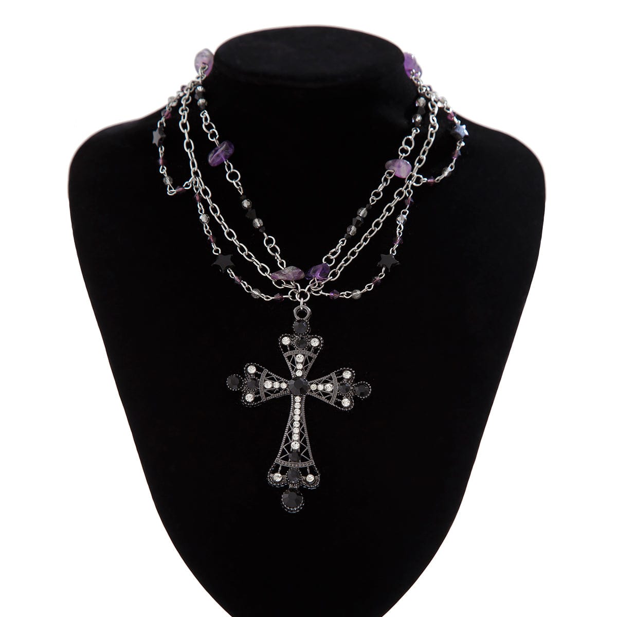 Gothic Layered Cross Pendant Star Crystal Chain Necklace