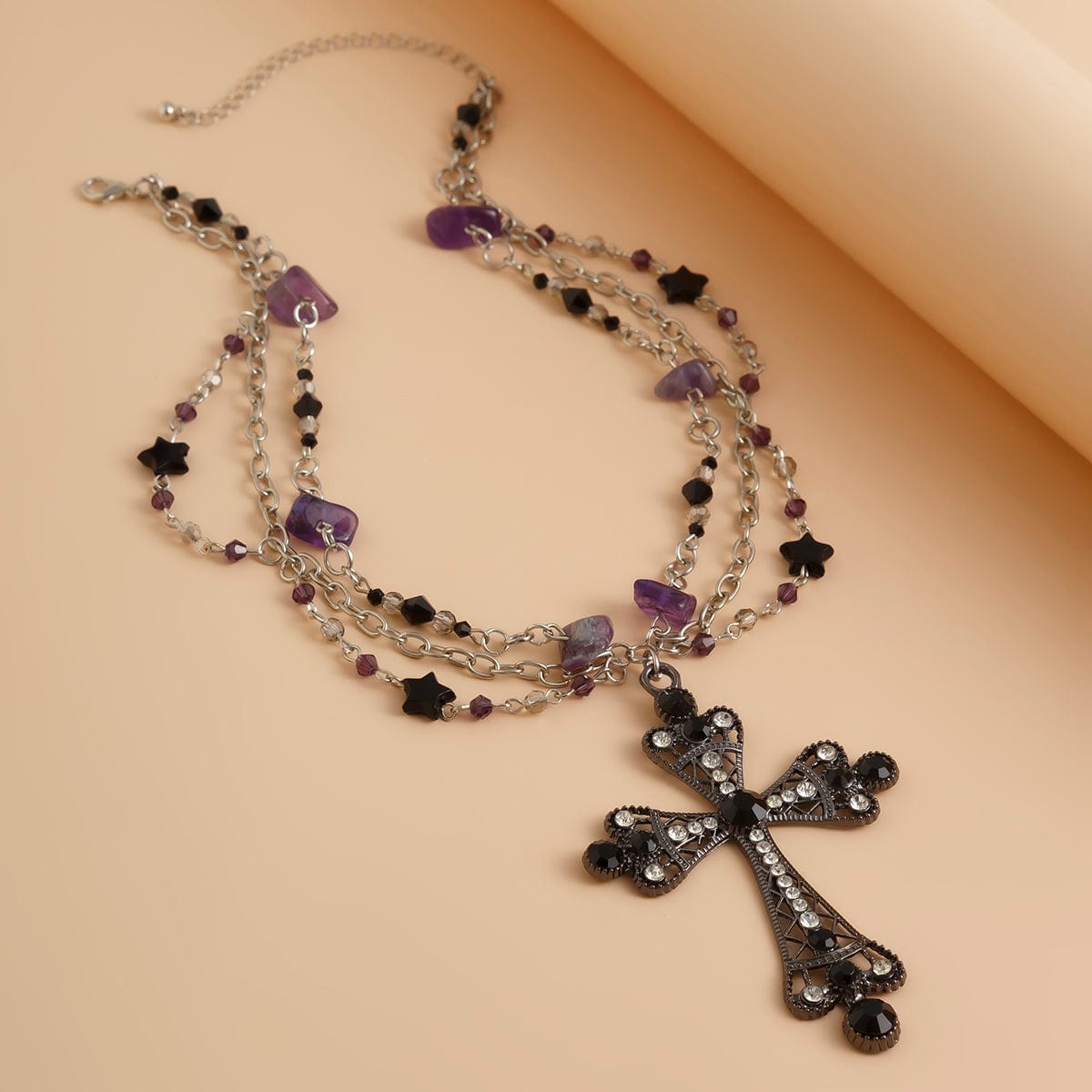 Gothic Layered Cross Pendant Star Crystal Chain Necklace