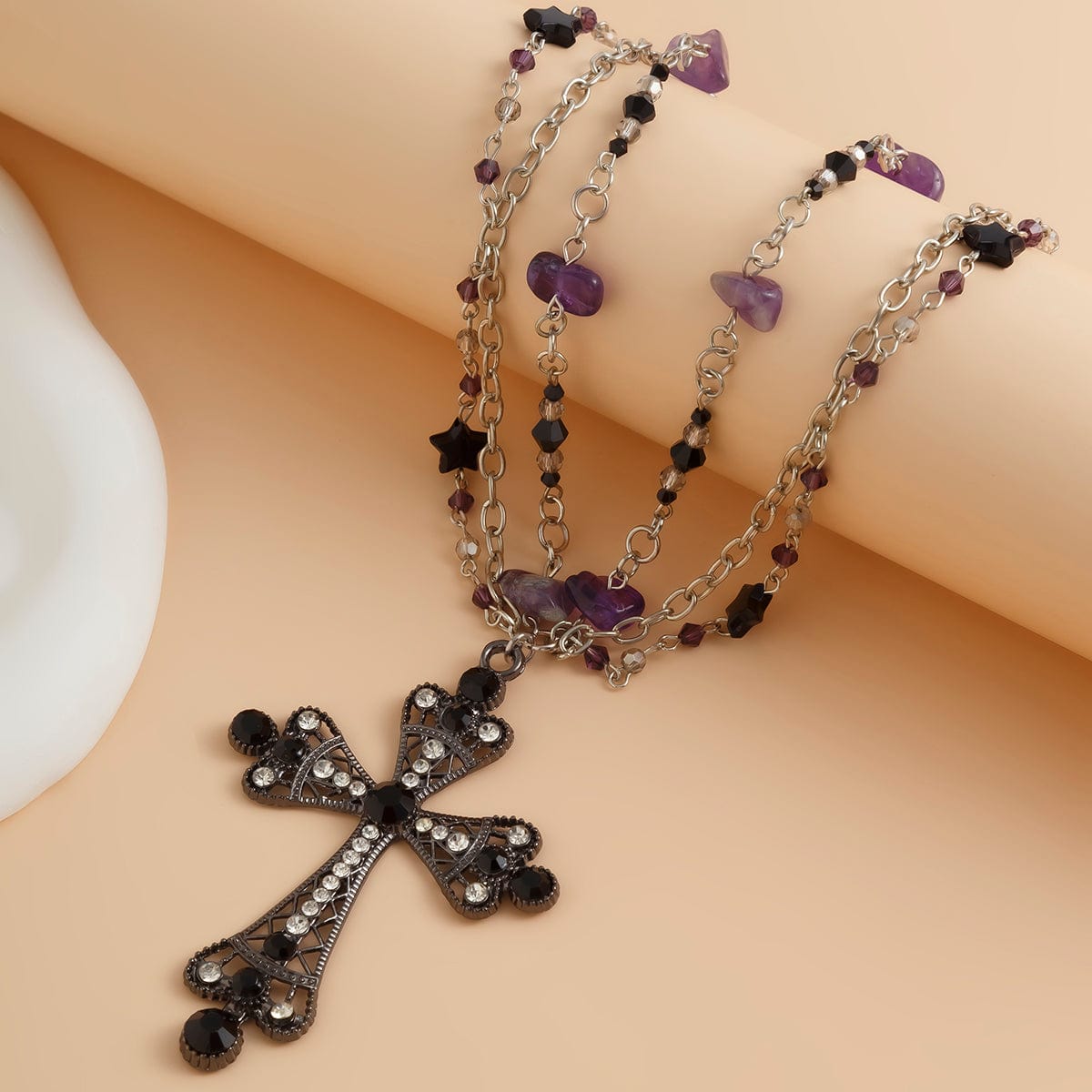 Gothic Layered Cross Pendant Star Crystal Chain Necklace