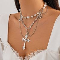 Thumbnail for Gothic Layered Cross Star Pendant Pearl Chain Choker Necklace - ArtGalleryZen