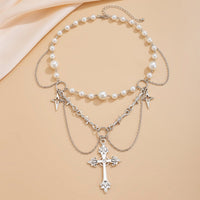 Thumbnail for Gothic Layered Cross Star Pendant Pearl Chain Choker Necklace - ArtGalleryZen